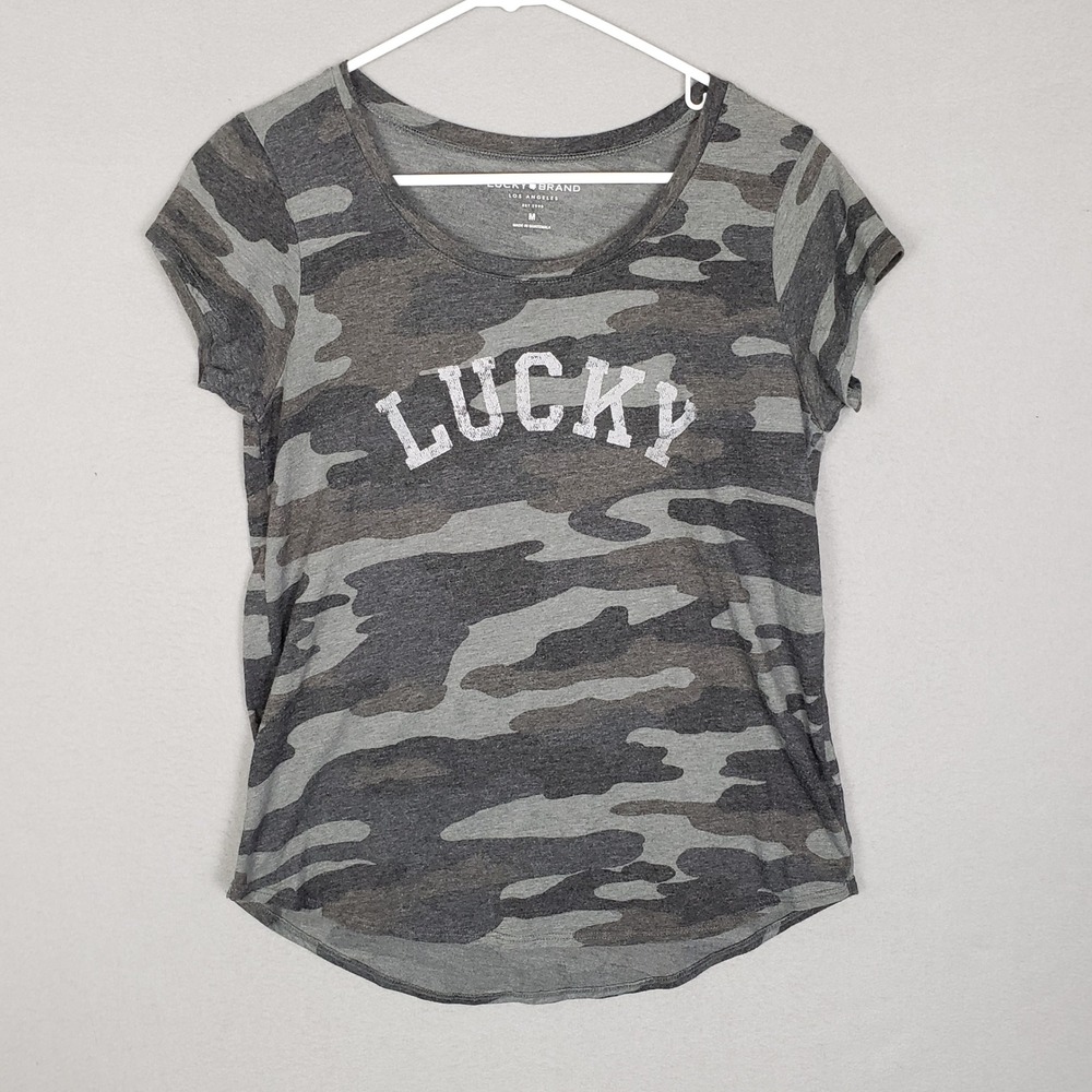 Lucky Brand M Camo Tee Shirt Green Distressed Grunge Indie Sleeze Western Boho
